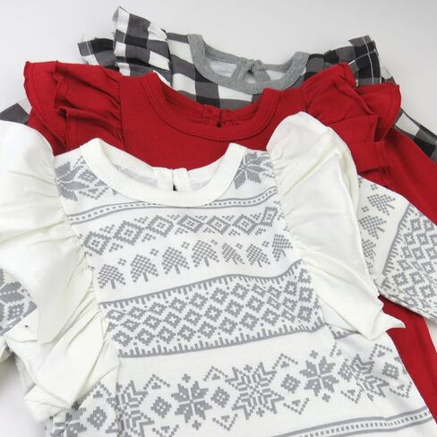 3 Pack Long Sleeve Side Snap Ruffle Shoulder Bodysuit 100% Organic Cotton for Infant Baby and Toddler Girls in Kuwait