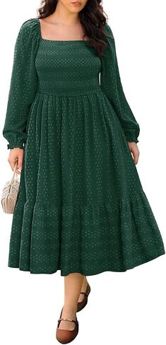 RITERA Plus Size Fall Dresses for Curvy Women Maxi Wedding Guest Long Sleeve Smocked Swiss Dot Winter Dress Pockets XL-5XL in Saudi Arabia