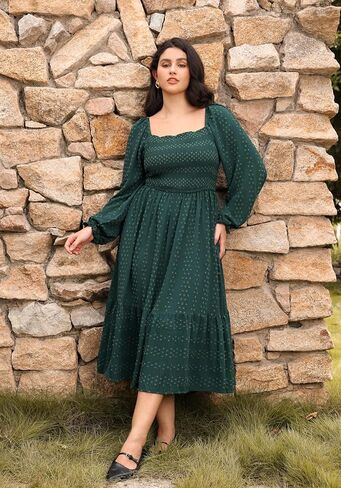 RITERA Plus Size Fall Dresses for Curvy Women Maxi Wedding Guest Long Sleeve Smocked Swiss Dot Winter Dress Pockets XL-5XL in Saudi Arabia