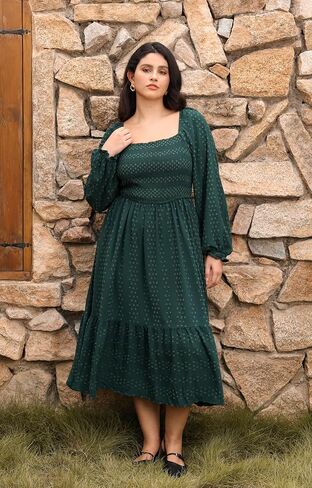 RITERA Plus Size Fall Dresses for Curvy Women Maxi Wedding Guest Long Sleeve Smocked Swiss Dot Winter Dress Pockets XL-5XL in Saudi Arabia