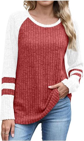 Womens Lightweight Sweaters Fall Long Sleeve Pullover Shirts Business Casual Color Block Ribbed Knit Tunic Tops in Saudi Arabia