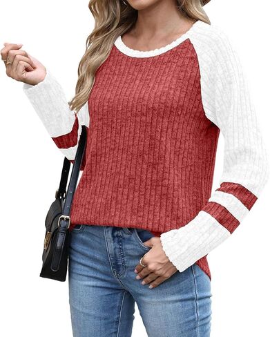Womens Lightweight Sweaters Fall Long Sleeve Pullover Shirts Business Casual Color Block Ribbed Knit Tunic Tops in Saudi Arabia