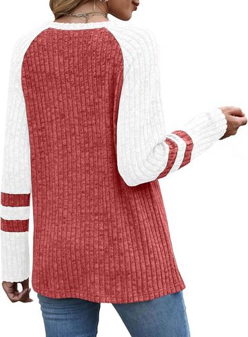Womens Lightweight Sweaters Fall Long Sleeve Pullover Shirts Business Casual Color Block Ribbed Knit Tunic Tops in Saudi Arabia