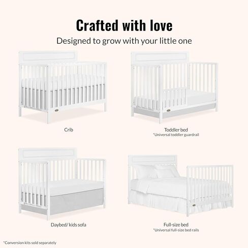 Dream On Me Avery 5-in-1 Convertible Crib Crib باللون الأبيض ، Greenguard Gold & JPMA ، 3 مراتب ، يتحولون إلى طفل صغير ، سرير كامل الحجم ، قم بإنشاء حضانة آمنة وصديقة للطفل in Kuwait