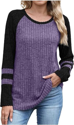 Womens Lightweight Sweaters Fall Long Sleeve Pullover Shirts Business Casual Color Block Ribbed Knit Tunic Tops in Saudi Arabia