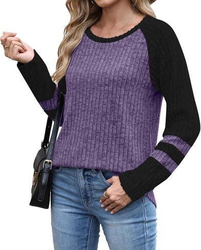 Womens Lightweight Sweaters Fall Long Sleeve Pullover Shirts Business Casual Color Block Ribbed Knit Tunic Tops in Saudi Arabia