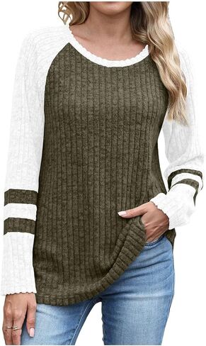 Womens Lightweight Sweaters Fall Long Sleeve Pullover Shirts Business Casual Color Block Ribbed Knit Tunic Tops in Saudi Arabia