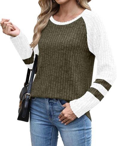 Womens Lightweight Sweaters Fall Long Sleeve Pullover Shirts Business Casual Color Block Ribbed Knit Tunic Tops in Saudi Arabia