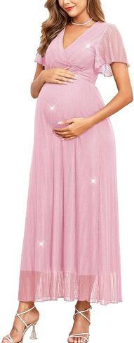 Maternity Sparkly Mesh Maxi Dress Ruffle Sleeve Wrap V Neck Flowy Pregnancy Dresses Baby Shower Photoshoot Formal in Saudi Arabia