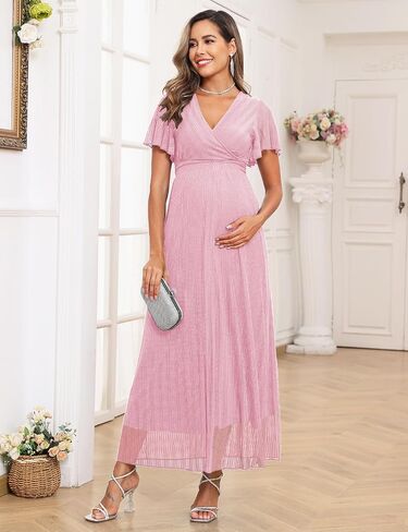 Maternity Sparkly Mesh Maxi Dress Ruffle Sleeve Wrap V Neck Flowy Pregnancy Dresses Baby Shower Photoshoot Formal in Saudi Arabia