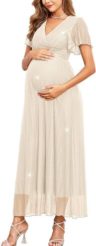 Maternity Sparkly Mesh Maxi Dress Ruffle Sleeve Wrap V Neck Flowy Pregnancy Dresses Baby Shower Photoshoot Formal in Saudi Arabia