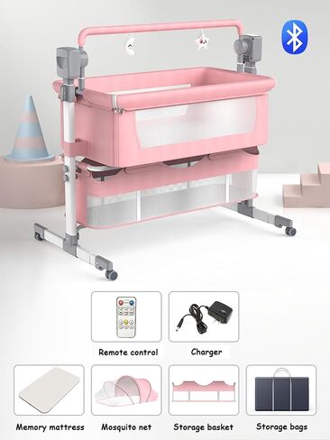 سرير سرير صغير من Bluetooth Smart Bed Smart ، Baby Bassinet Beder Sleeper ، بجانبي سرير مع عجلات ، وسرير نوم مشترك قابلة للطي مع 5 تروس متطايرة وبعيدة (601 وردي) in Saudi Arabia