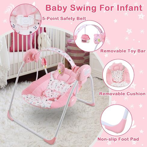 Baby Swing for Infants, Compact Foldable Newborn Swing with 5 Speeds, Music & Soothing, Cute Floral Pattern Soft Cushion Seat,Timer & Removable Bar, Indoor Use, 0-9 Months (6-20 lbs) Pink in Saudi Arabia