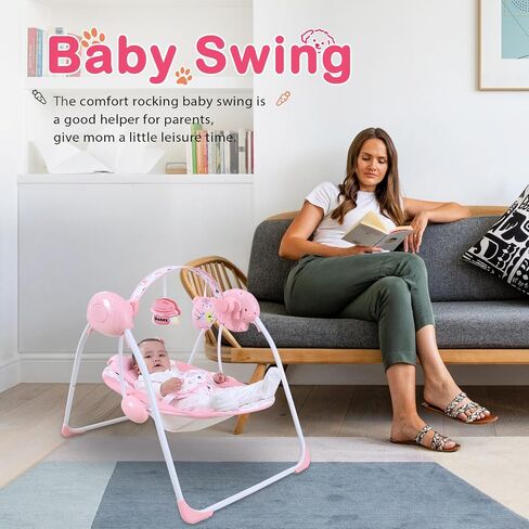 Baby Swing for Infants, Compact Foldable Newborn Swing with 5 Speeds, Music & Soothing, Cute Floral Pattern Soft Cushion Seat,Timer & Removable Bar, Indoor Use, 0-9 Months (6-20 lbs) Pink in Saudi Arabia