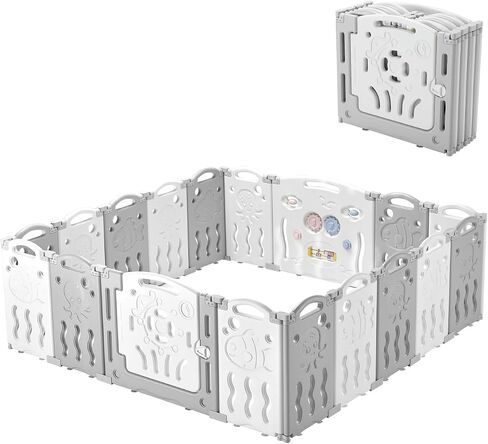Albott Baby Fence Kid Playpen 18 Panel Albott Play Yard - Foldable Kids Safety Activity Center Playard Safety Lock Gate,Adjustable Shape, Portable Design for Indoor and Outdoor (18 Panel, Grey+White) in Kuwait