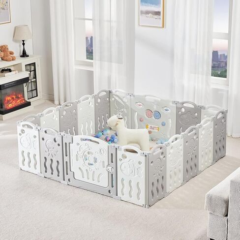 Albott Baby Fence Kid Playpen 18 Panel Albott Play Yard - Foldable Kids Safety Activity Center Playard Safety Lock Gate,Adjustable Shape, Portable Design for Indoor and Outdoor (18 Panel, Grey+White) in Kuwait