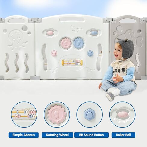 Albott Baby Fence Kid Playpen 18 Panel Albott Play Yard - Foldable Kids Safety Activity Center Playard Safety Lock Gate,Adjustable Shape, Portable Design for Indoor and Outdoor (18 Panel, Grey+White) in Kuwait