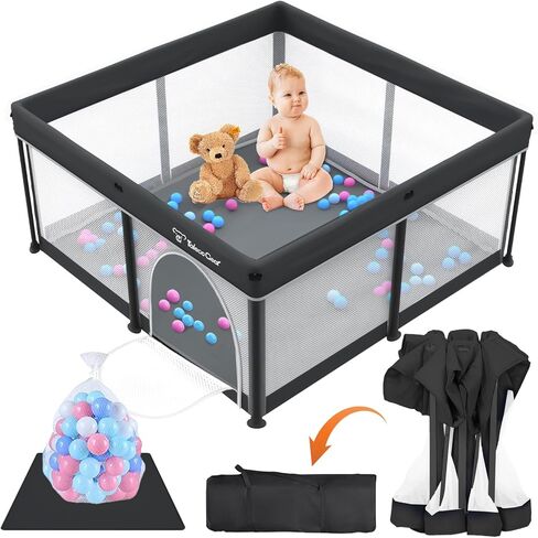Taleco Gear Foldable Baby Play Pen with Mat, 50''x50'' Playpen for Babies and Toddlers, Playpen for Baby with Gate, Breathable,Foldable Travel Play Pen with 50 Ocean Balls in Saudi Arabia