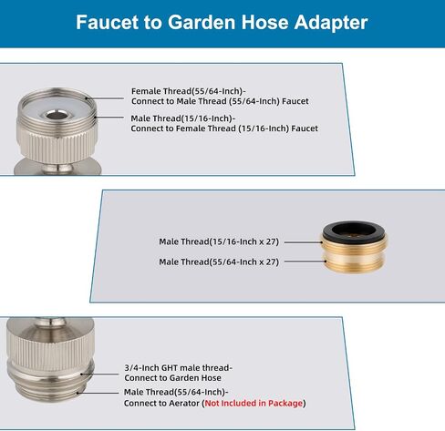 Faucet Adapter Kit Swivel Aerator Adapter to Connect Garden Hose - Multi-Thread Garden Hose Adapter for Male to Male and Female to Male - Chrome Finished in Saudi Arabia