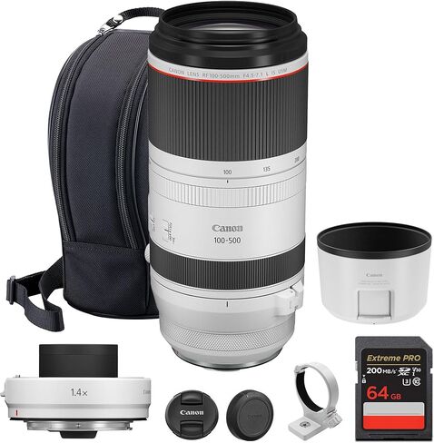 Canon RF 100-500mm f/4.5-7.1L هي عدسة USM-عدسة تكبير تليفوتوغرافية كاملة مع تثبيت الصورة وضبط السيارات السريعة للحياة البرية (4112C002) RF 1.4x + 64GB بطاقة الذاكرة in Kuwait