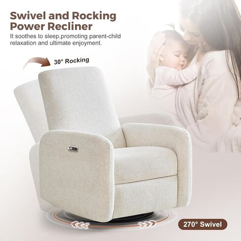 Power Recliner Chair, Swivel Rocker Recliner with USB A/C Charging Ports & Smooth Swivel Motion, Chenille Upholstered Rocking Chair for Nursery,Living Room, Bedroom, 1PC, Cream in Saudi Arabia