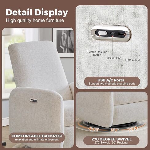 Power Recliner Chair, Swivel Rocker Recliner with USB A/C Charging Ports & Smooth Swivel Motion, Chenille Upholstered Rocking Chair for Nursery,Living Room, Bedroom, 1PC, Cream in Saudi Arabia