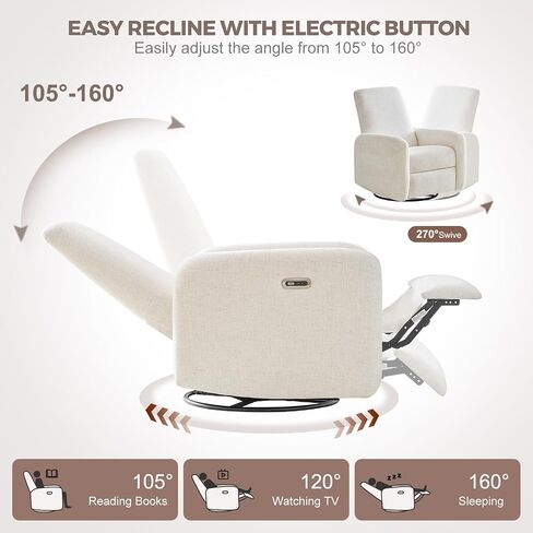Power Recliner Chair, Swivel Rocker Recliner with USB A/C Charging Ports & Smooth Swivel Motion, Chenille Upholstered Rocking Chair for Nursery,Living Room, Bedroom, 1PC, Cream in Saudi Arabia