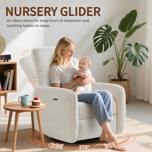 Power Recliner Chair, Swivel Rocker Recliner with USB A/C Charging Ports & Smooth Swivel Motion, Chenille Upholstered Rocking Chair for Nursery,Living Room, Bedroom, 1PC, Cream in Saudi Arabia