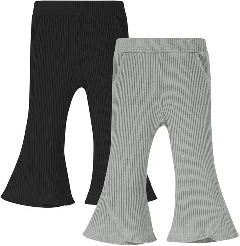 2 Pack Baby Girl Pants Toddler Ribbed Bell Bottoms with Pockets Stretchy Solid Ruffle Newborn Girl Flare Leggings in Kuwait