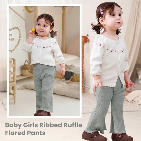 2 Pack Baby Girl Pants Toddler Ribbed Bell Bottoms with Pockets Stretchy Solid Ruffle Newborn Girl Flare Leggings in Kuwait