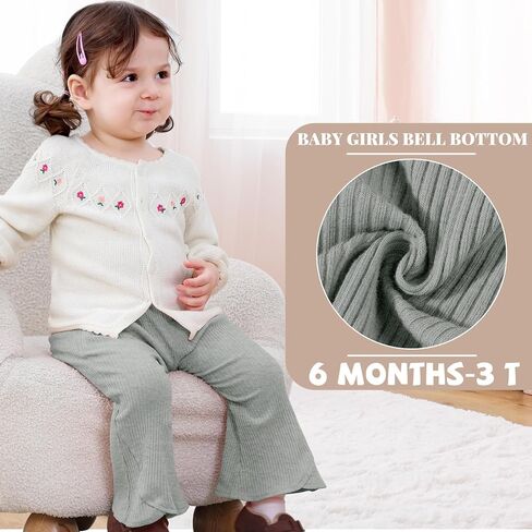 2 Pack Baby Girl Pants Toddler Ribbed Bell Bottoms with Pockets Stretchy Solid Ruffle Newborn Girl Flare Leggings in Kuwait