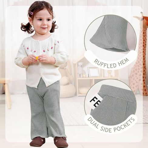2 Pack Baby Girl Pants Toddler Ribbed Bell Bottoms with Pockets Stretchy Solid Ruffle Newborn Girl Flare Leggings in Kuwait