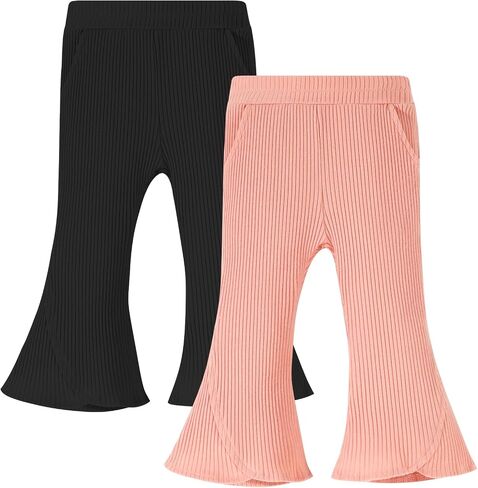 2 Pack Baby Girl Pants Toddler Ribbed Bell Bottoms with Pockets Stretchy Solid Ruffle Newborn Girl Flare Leggings in Kuwait