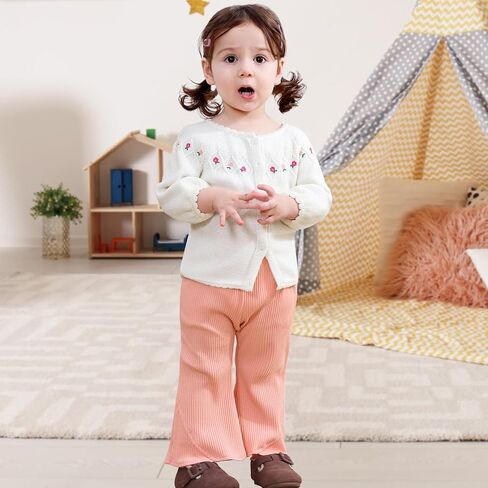 2 Pack Baby Girl Pants Toddler Ribbed Bell Bottoms with Pockets Stretchy Solid Ruffle Newborn Girl Flare Leggings in Kuwait