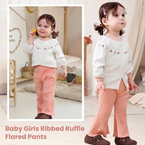 2 Pack Baby Girl Pants Toddler Ribbed Bell Bottoms with Pockets Stretchy Solid Ruffle Newborn Girl Flare Leggings in Kuwait