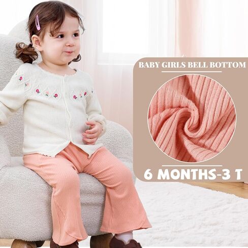 2 Pack Baby Girl Pants Toddler Ribbed Bell Bottoms with Pockets Stretchy Solid Ruffle Newborn Girl Flare Leggings in Kuwait