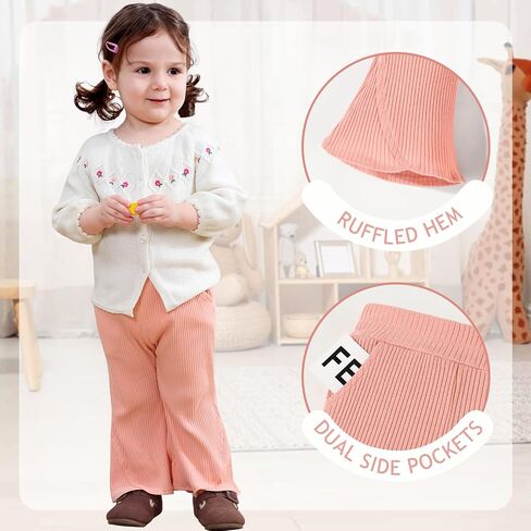 2 Pack Baby Girl Pants Toddler Ribbed Bell Bottoms with Pockets Stretchy Solid Ruffle Newborn Girl Flare Leggings in Kuwait