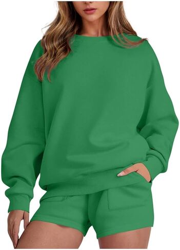 Women 2 Piece Sweatsuit Outfits 2025 Oversized Long Sleeve Crew Neck Sweatshirt Shorts Pockets Casual Lounge Sets in Kuwait