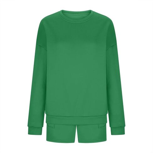 Women 2 Piece Sweatsuit Outfits 2025 Oversized Long Sleeve Crew Neck Sweatshirt Shorts Pockets Casual Lounge Sets in Kuwait