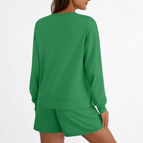 Women 2 Piece Sweatsuit Outfits 2025 Oversized Long Sleeve Crew Neck Sweatshirt Shorts Pockets Casual Lounge Sets in Kuwait