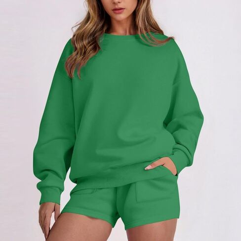 Women 2 Piece Sweatsuit Outfits 2025 Oversized Long Sleeve Crew Neck Sweatshirt Shorts Pockets Casual Lounge Sets in Kuwait