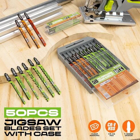50-Piece Jigsaw Blades Set with Storage Case–CR-V&HSS Steel, Assorted T-Shank Replacement Jig Saw Blades for Cutting Wood, Plastic and Metal in Kuwait
