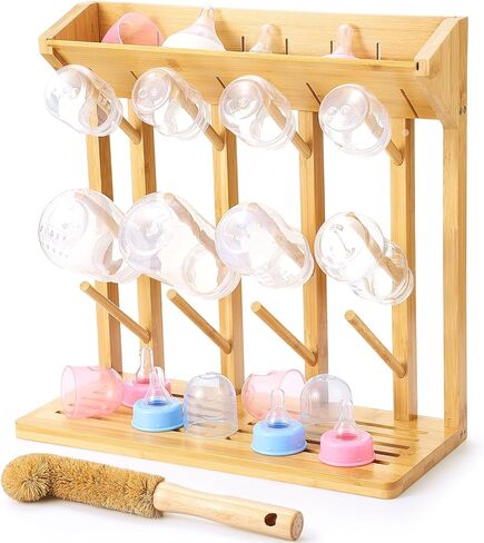 Geelin Bamboo Baby Bottle Rading Rack لـ 12 زجاجة حامل مجفف زجاجة رأسي كبير مع فرشاة ألياف جوز الهند الخشبية لتوفير المساحة المزدحمة تجفيفًا سريعًا تخزينًا سهلاً للتنظيف in Kuwait