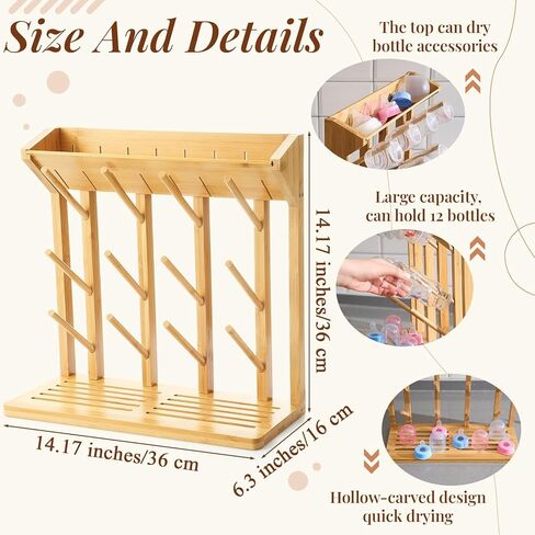 Geelin Bamboo Baby Bottle Rading Rack لـ 12 زجاجة حامل مجفف زجاجة رأسي كبير مع فرشاة ألياف جوز الهند الخشبية لتوفير المساحة المزدحمة تجفيفًا سريعًا تخزينًا سهلاً للتنظيف in Kuwait