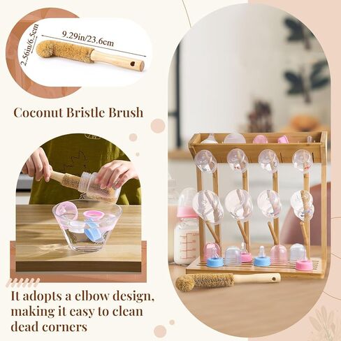 Geelin Bamboo Baby Bottle Rading Rack لـ 12 زجاجة حامل مجفف زجاجة رأسي كبير مع فرشاة ألياف جوز الهند الخشبية لتوفير المساحة المزدحمة تجفيفًا سريعًا تخزينًا سهلاً للتنظيف in Kuwait