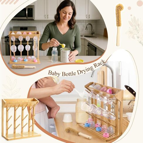 Geelin Bamboo Baby Bottle Rading Rack لـ 12 زجاجة حامل مجفف زجاجة رأسي كبير مع فرشاة ألياف جوز الهند الخشبية لتوفير المساحة المزدحمة تجفيفًا سريعًا تخزينًا سهلاً للتنظيف in Kuwait