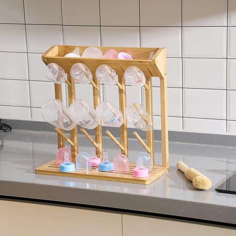 Geelin Bamboo Baby Bottle Rading Rack لـ 12 زجاجة حامل مجفف زجاجة رأسي كبير مع فرشاة ألياف جوز الهند الخشبية لتوفير المساحة المزدحمة تجفيفًا سريعًا تخزينًا سهلاً للتنظيف in Kuwait