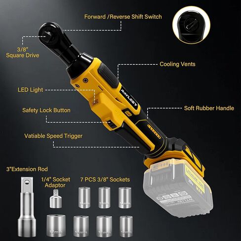 3/8" Cordless Ratchet Wrench for DEWALT 20V MAX Battery, 45 Ft-lbs(60 N.m) Power Electric Ratchet Tool Kit, Variable Speed Control, 7 Sockets, 1/4"Adapter & 3" Extension Bar (Tool Only) in Kuwait