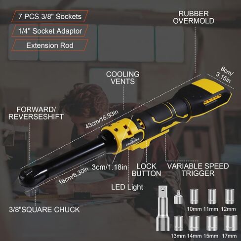 3/8" Cordless Ratchet Wrench, Compatible with DEWALT 20V MAX Battery, 74Ft-Lbs Brush Motor Electric Ratchet with Variable Speed, 3/8" & 1/4" Adapters, 3" Extension Bar (Tool Only) in Saudi Arabia