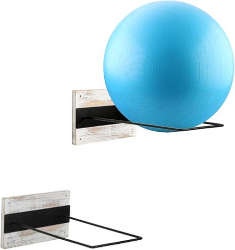 حامل كرة تثبيت للتمارين الرياضية مثبت على الحائط من MyGift، حامل عرض من الخشب الصلب المحروق الريفي وسلك معدني أسود لكرات اليوجا في صالة الألعاب الرياضية المنزلية أو الاستوديو، مجموعة من 2 in Kuwait